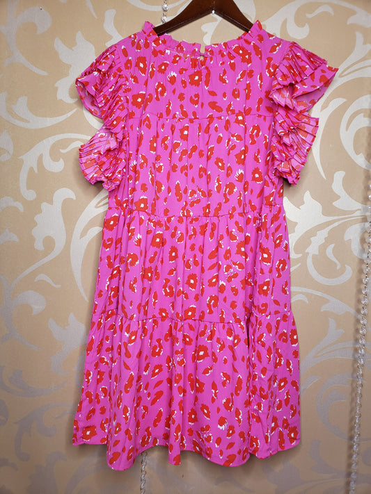 Pink Leopard Flutter Sleeve Dress