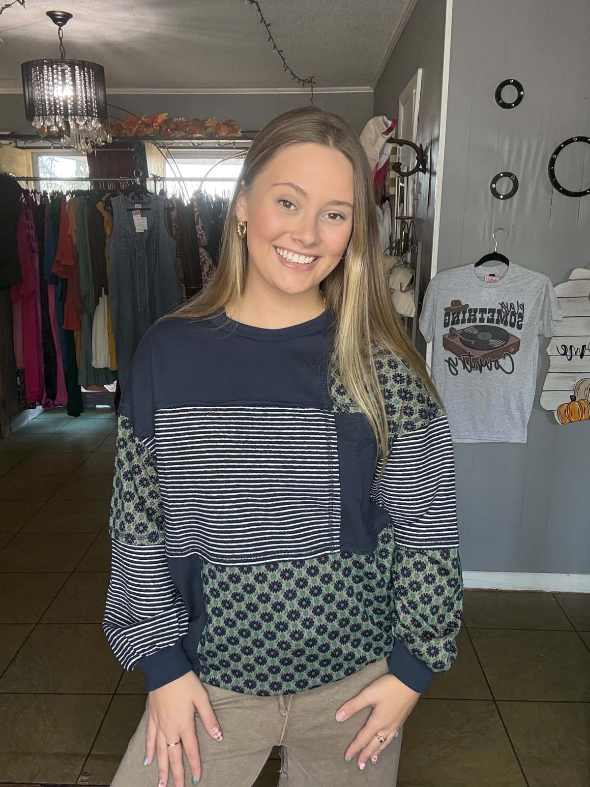 Navy Floral and Striped Top