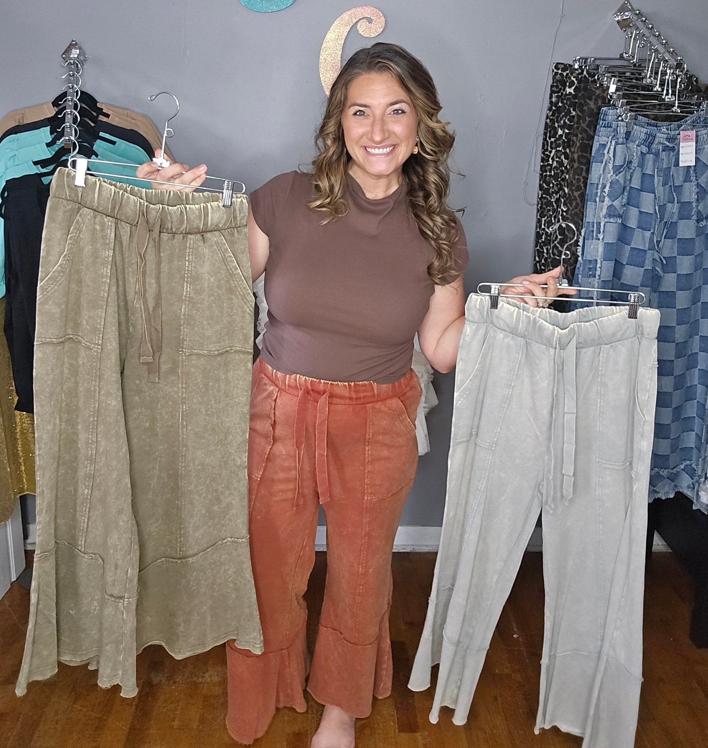 Mineral Wash Wide Leg Pants with Pockets