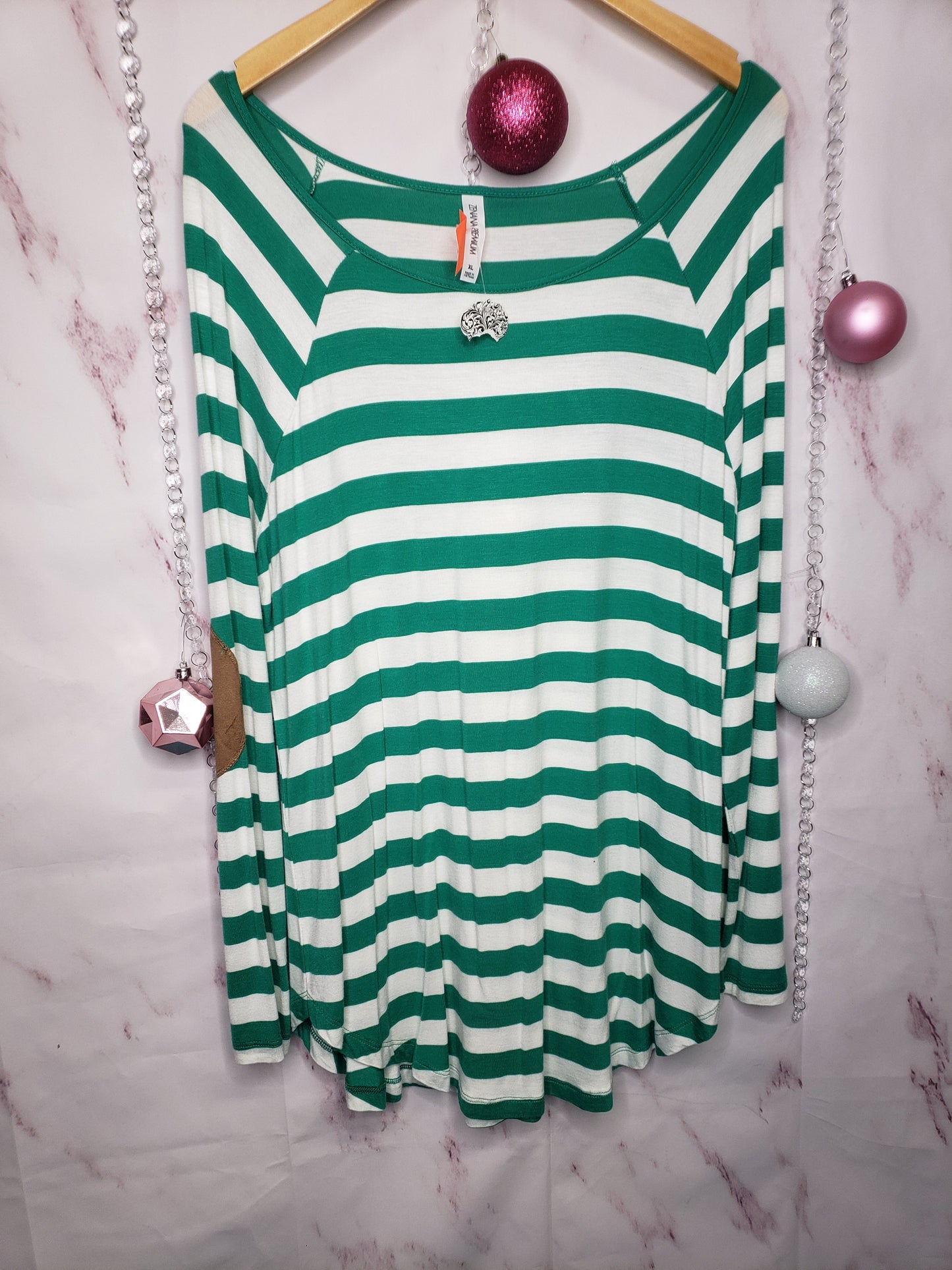 Green Stripe Top w/Suede elbows