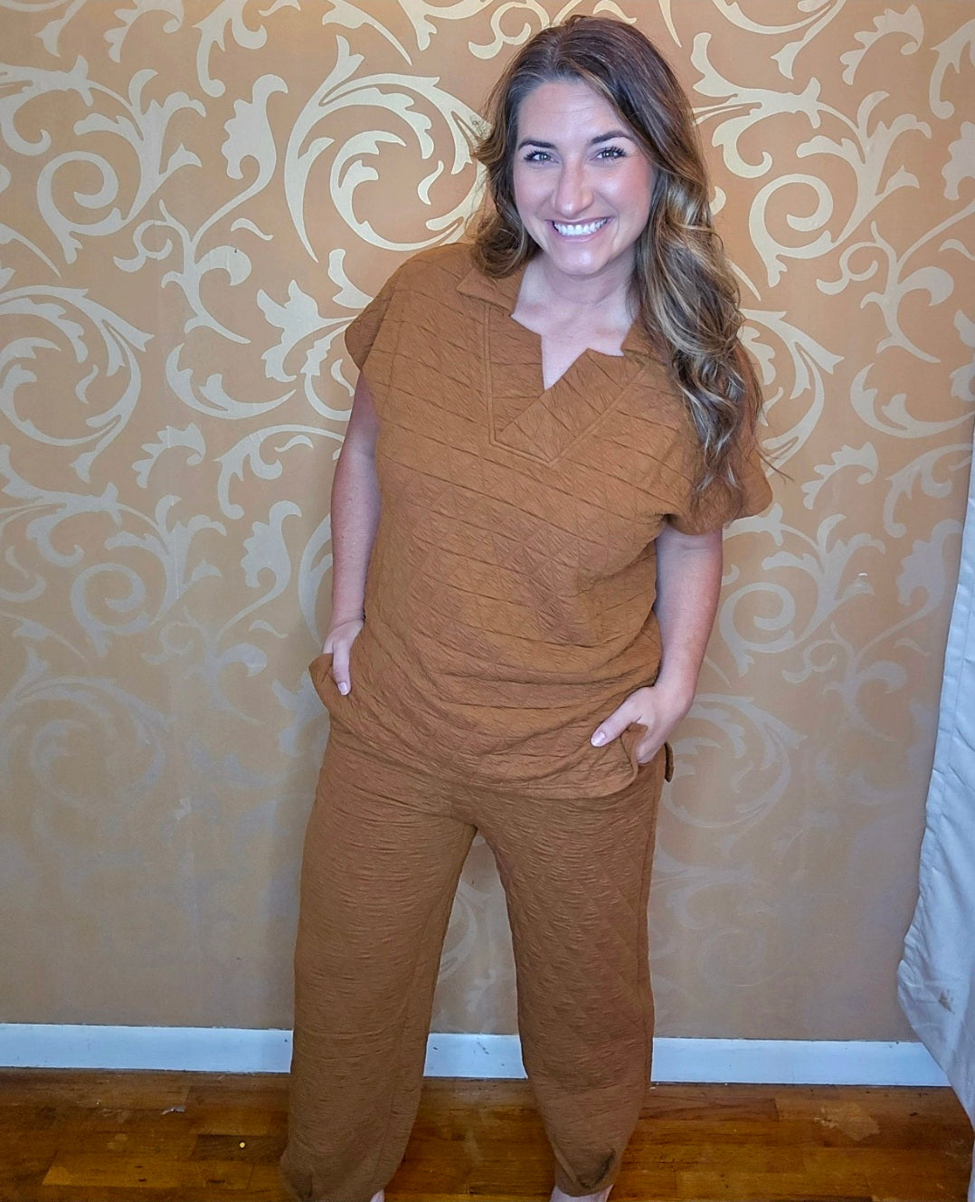 Cognac Textured Collared Top & Pants Set