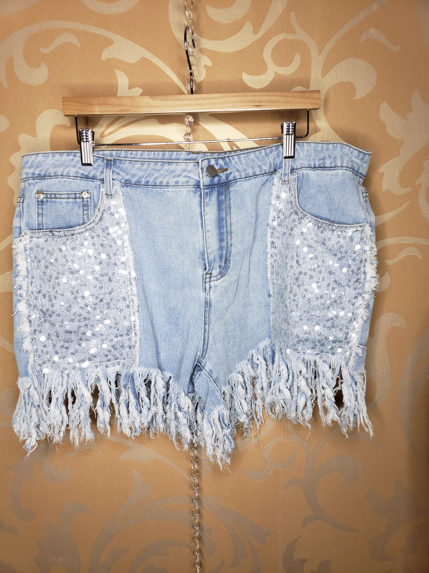 Little Shimmer Denim Fringe Shorts