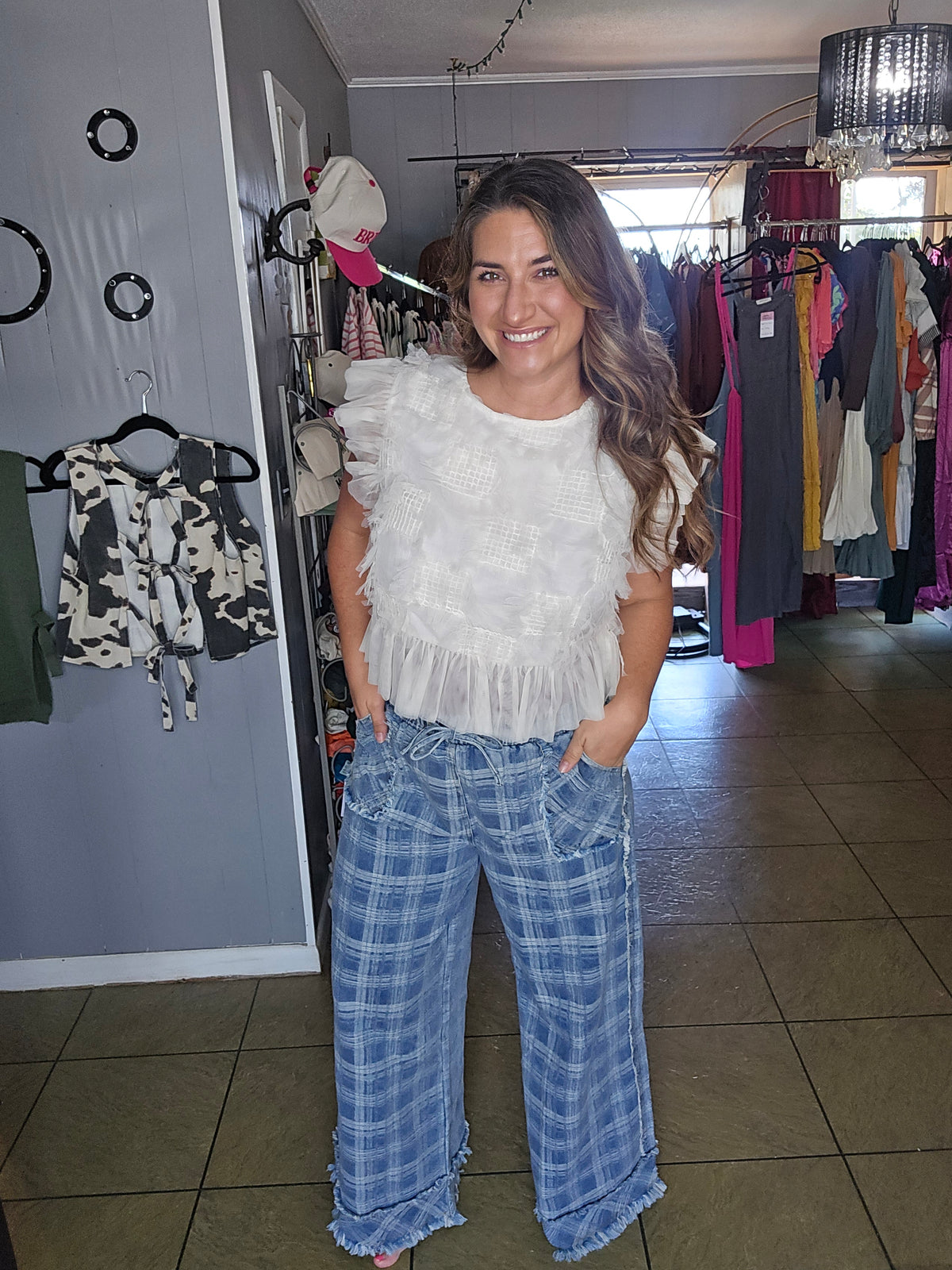 Plaid Frayed Hem Wide Leg Denim Pants
