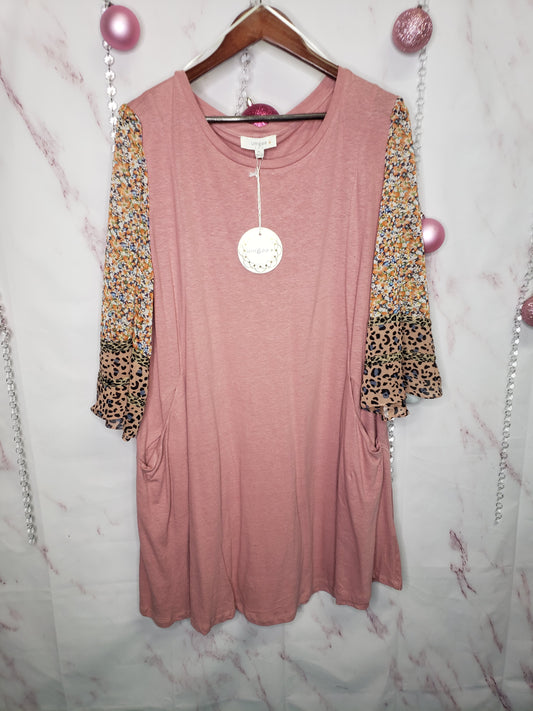 Pink Dress w/ Floral Accent Sleeves