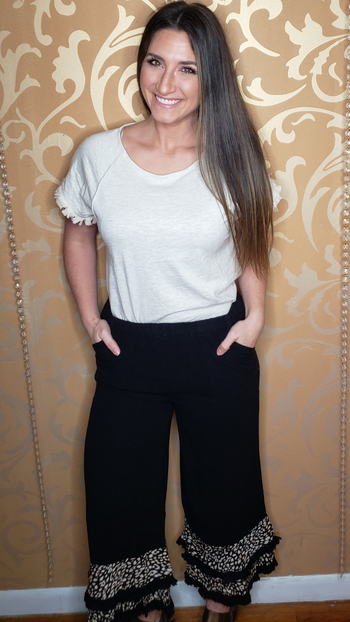 Leopard & Fringe Trim Ruffle Pants in Black