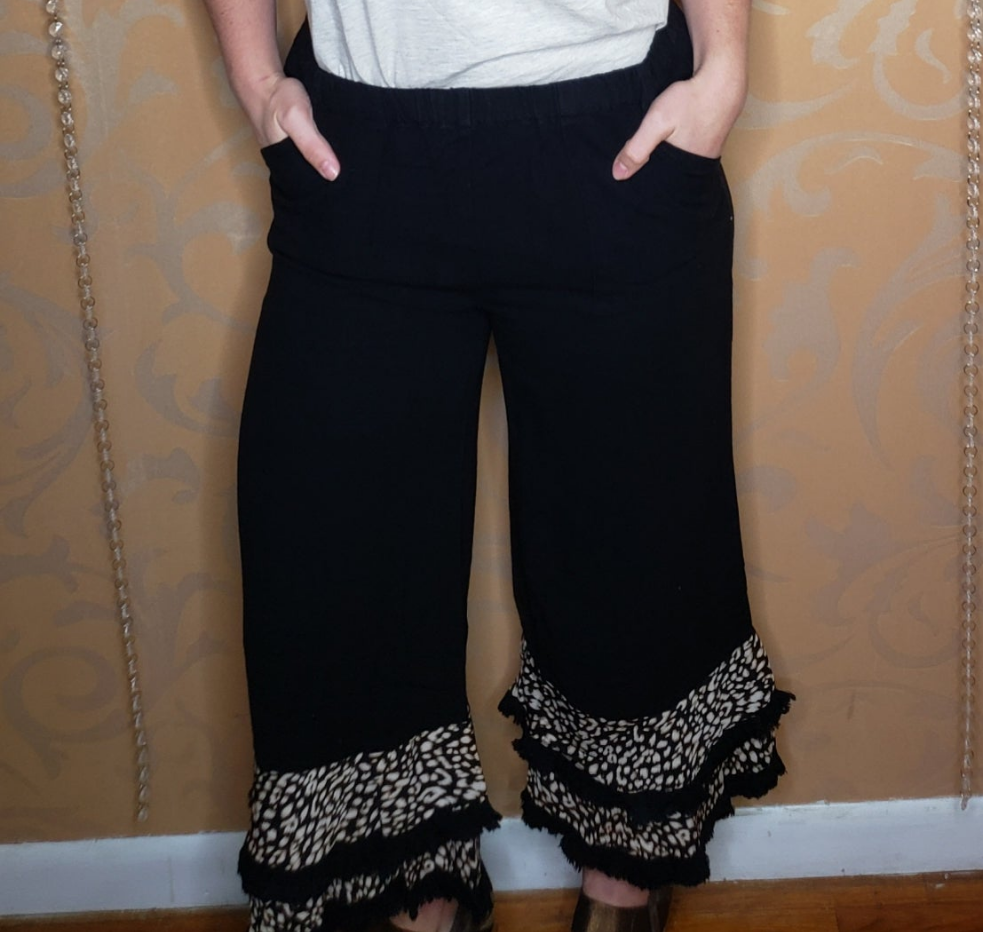 Leopard & Fringe Trim Ruffle Pants in Black