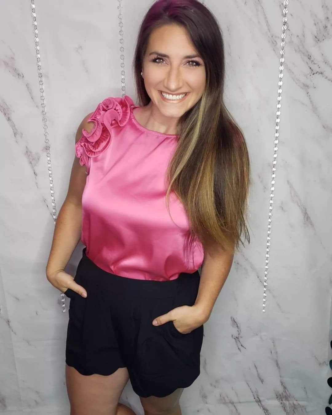 Hot Pink Swirly Flutter Shoulder Top