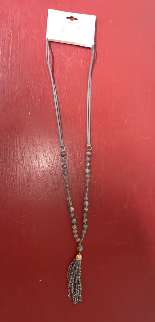 Gray Beaded Tassel Necklace