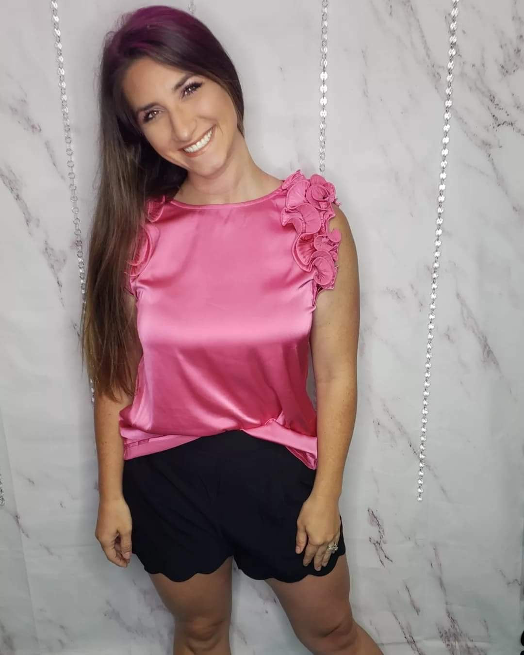 Hot Pink Swirly Flutter Shoulder Top