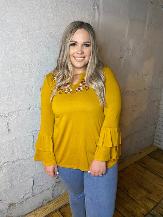 "Fall Into Me" Mustard Tier Sleeve Top