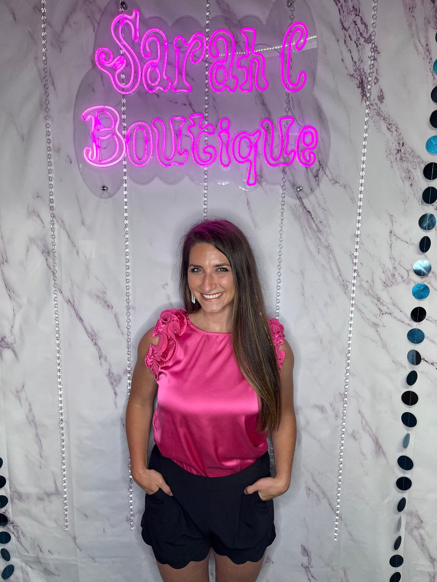 Hot Pink Swirly Flutter Shoulder Top