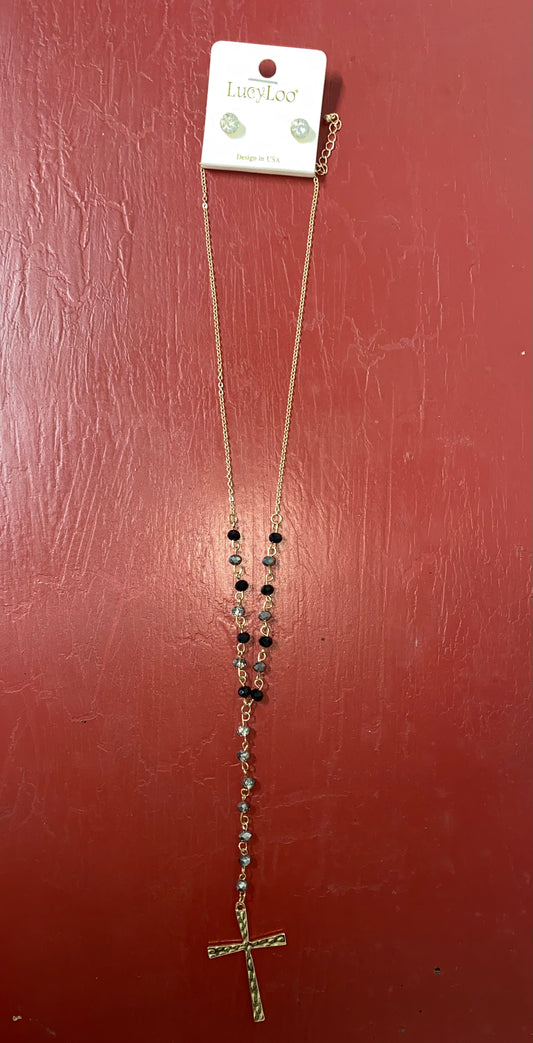 Cross Black Beaded Necklace with Earrings