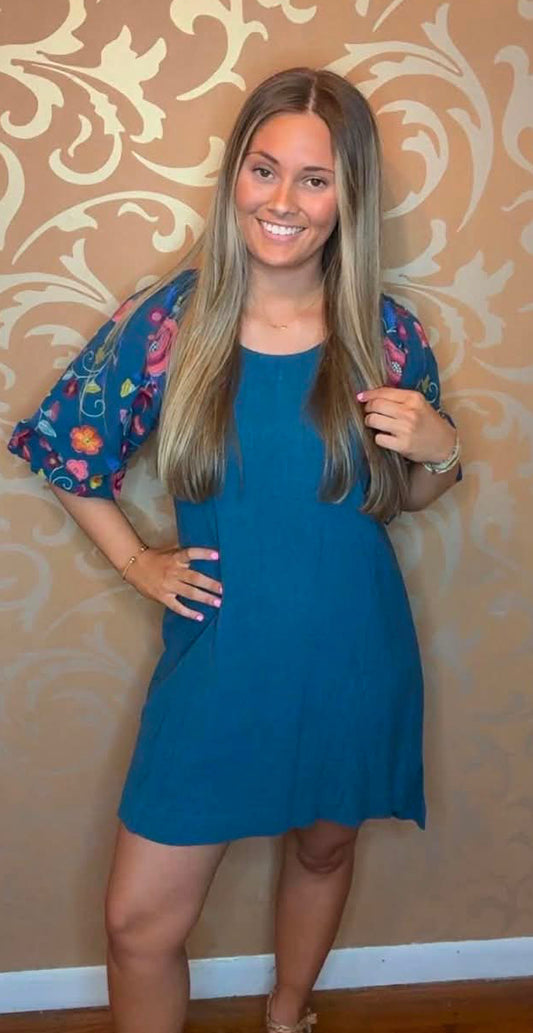 Dark Teal Embroidered Sleeve Dress