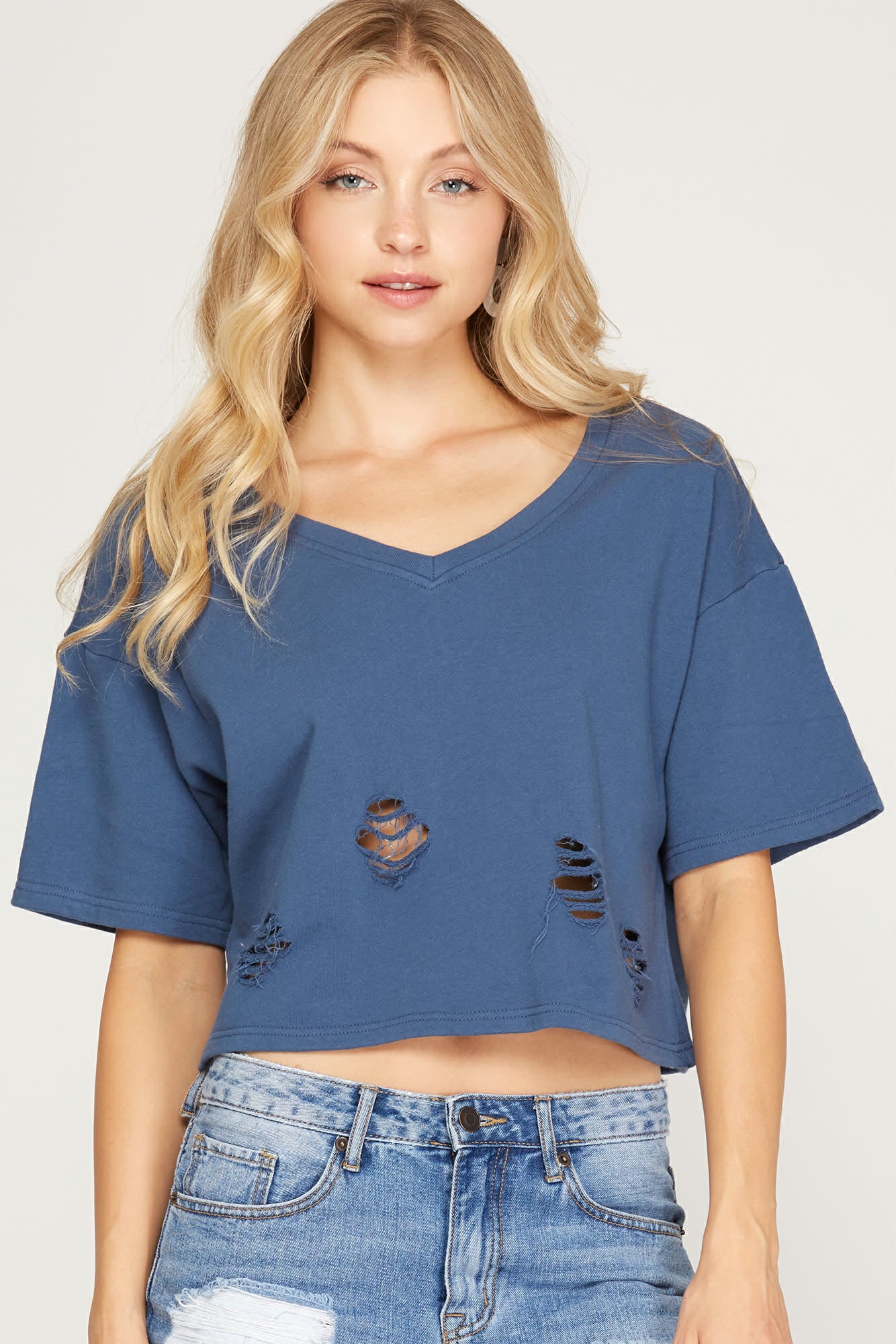 Charcoal, Sage, Denim Blue Distressed Cropped Tee