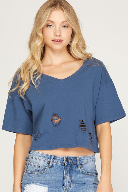 Charcoal, Sage, Denim Blue Distressed Cropped Tee