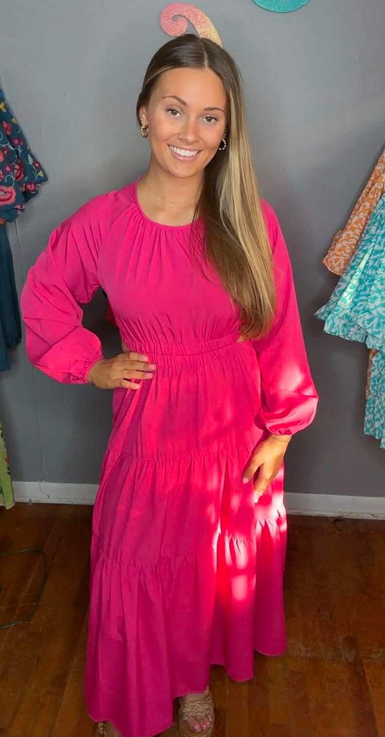 Bright Pink Long Sleeve Midi Dress