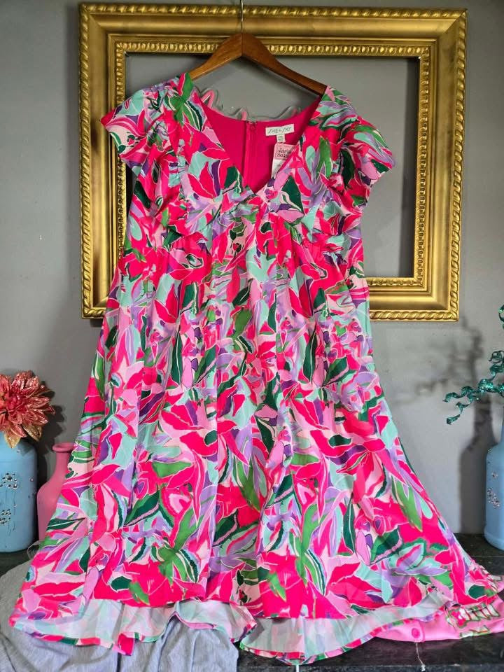 Pink Floral Flutter Sleeve Dress