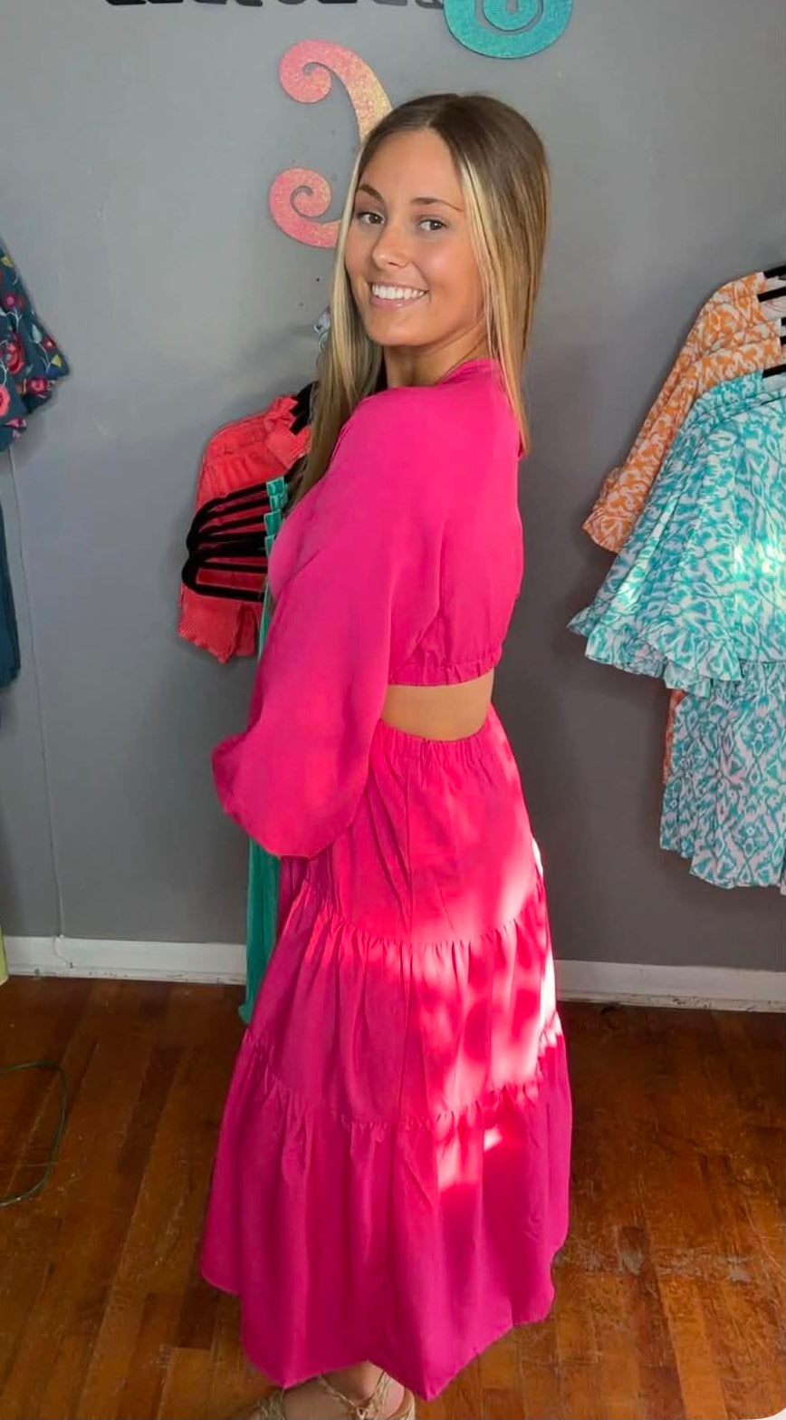 Bright Pink Long Sleeve Midi Dress