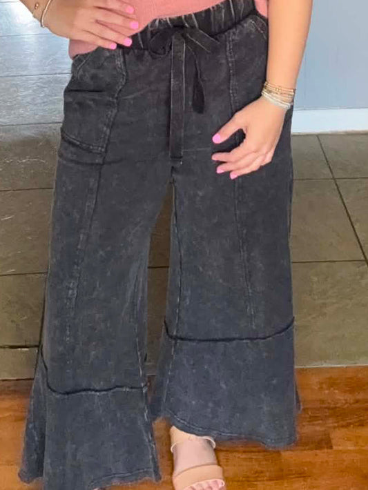 Zenana Black Acid Wash Wide Leg Pants