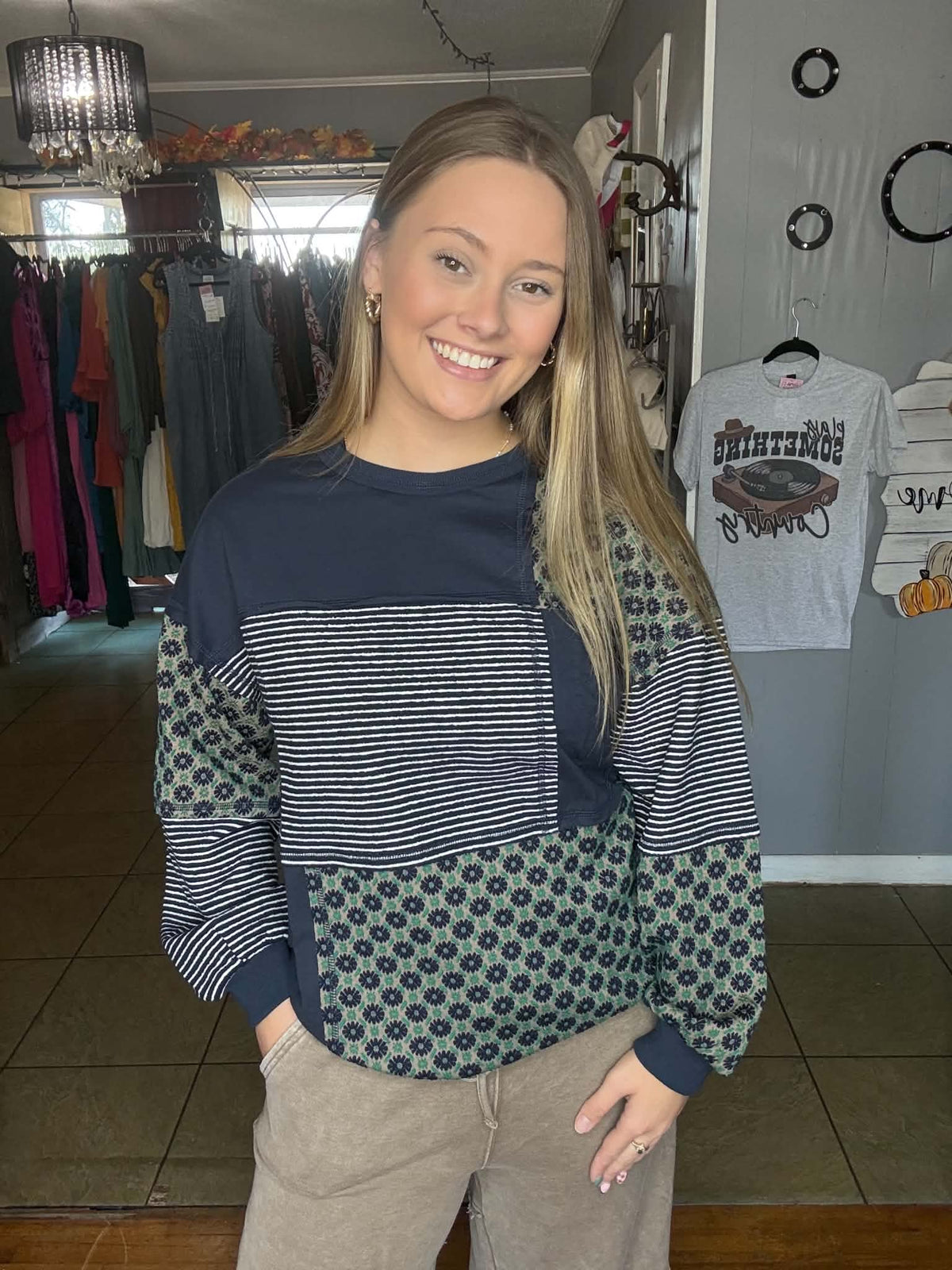 Navy Floral and Striped Top