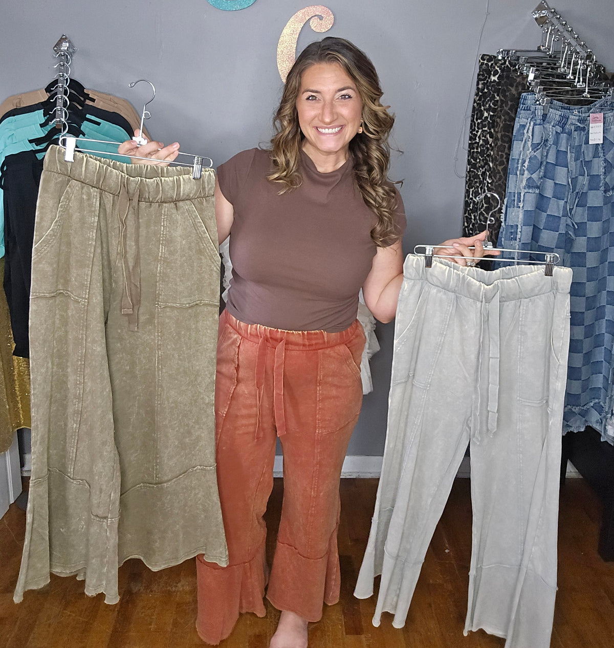 Mineral Wash Wide Leg Pants with Pockets