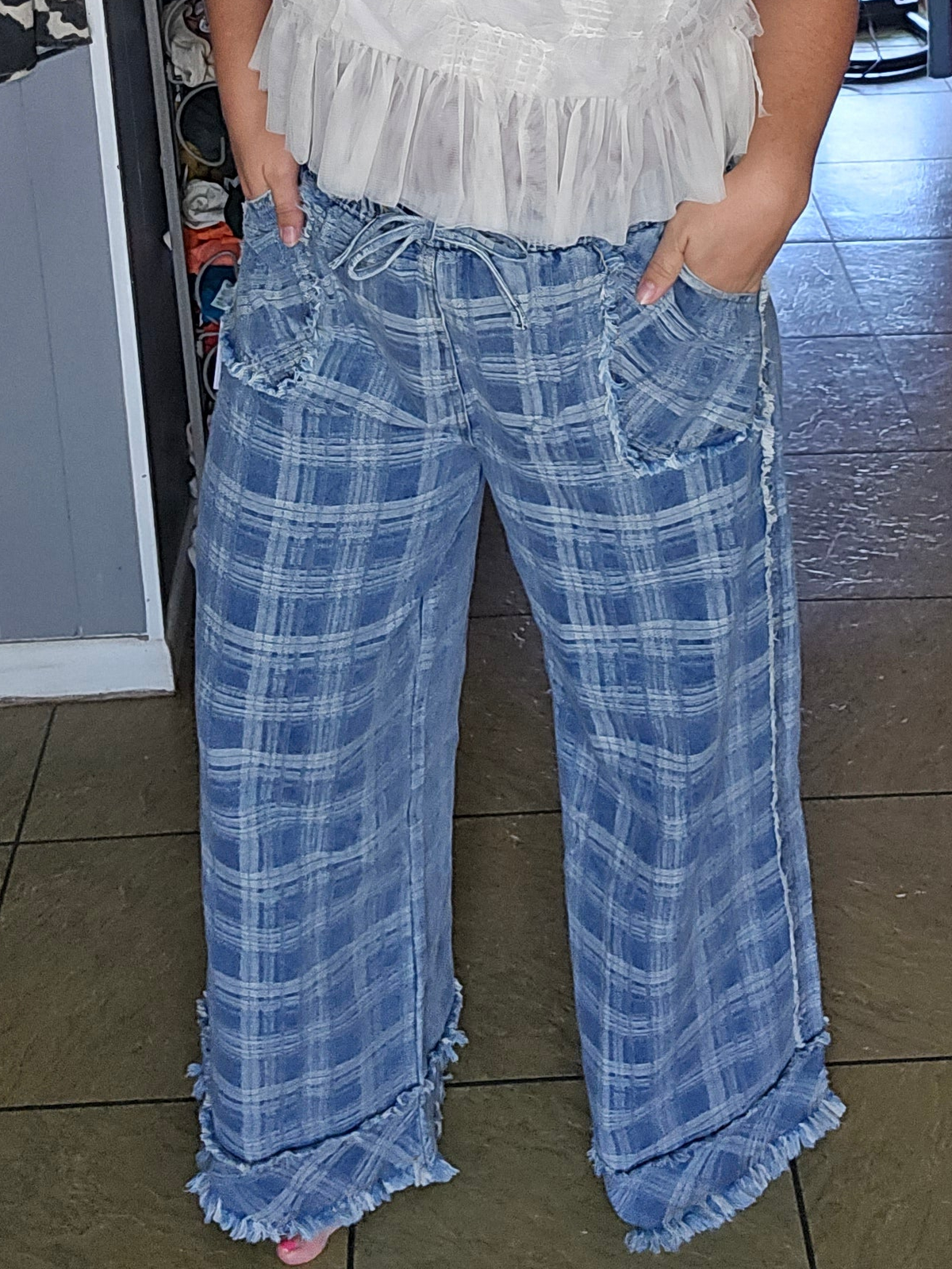 Plaid Frayed Hem Wide Leg Denim Pants