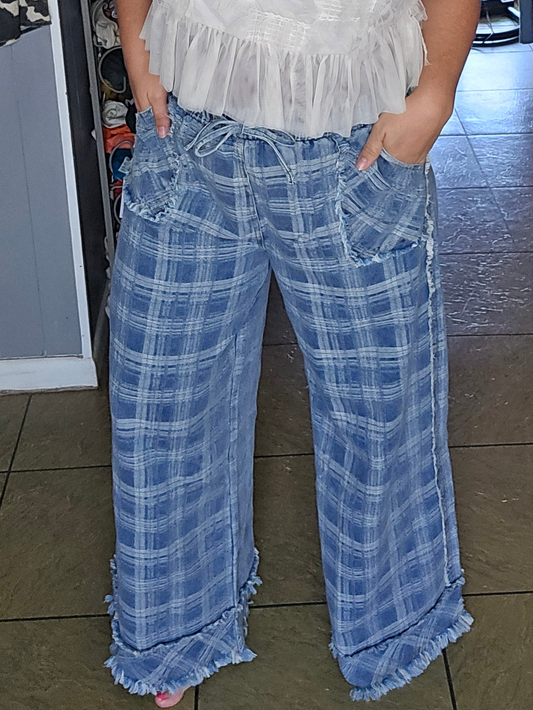Plaid Frayed Hem Wide Leg Denim Pants