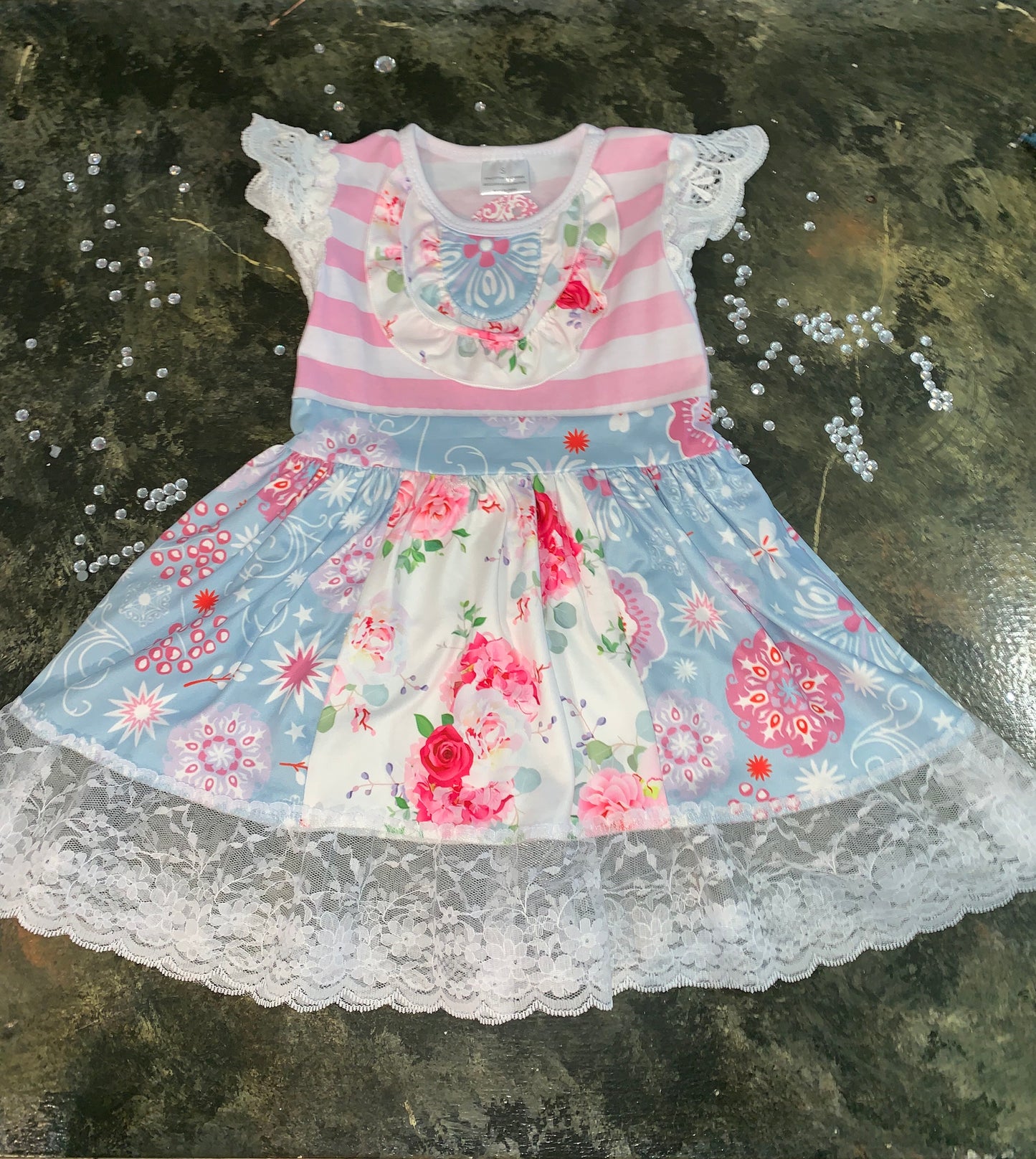 Two Piece Pink & Blue Flower Ruffle