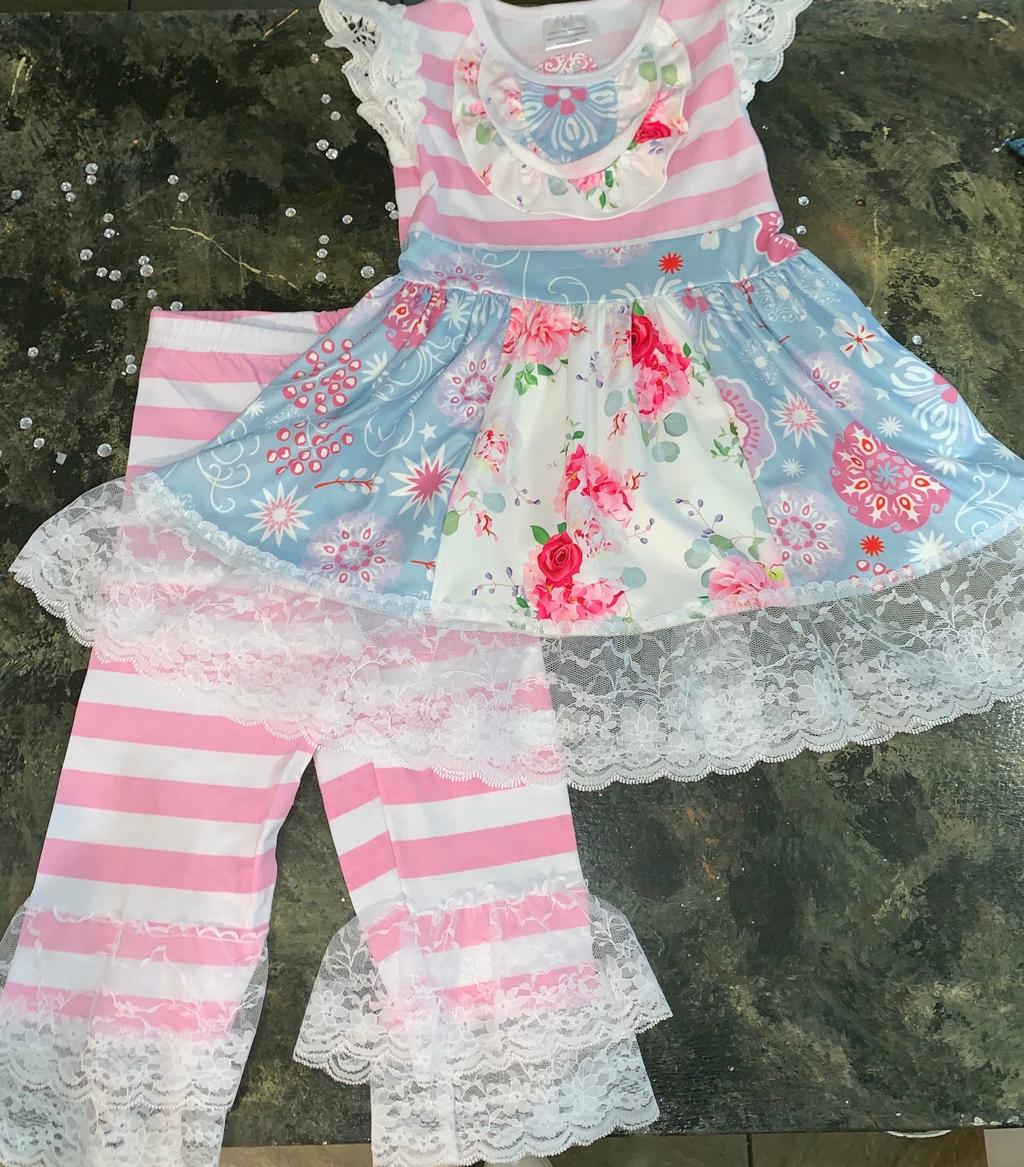 Two Piece Pink & Blue Flower Ruffle