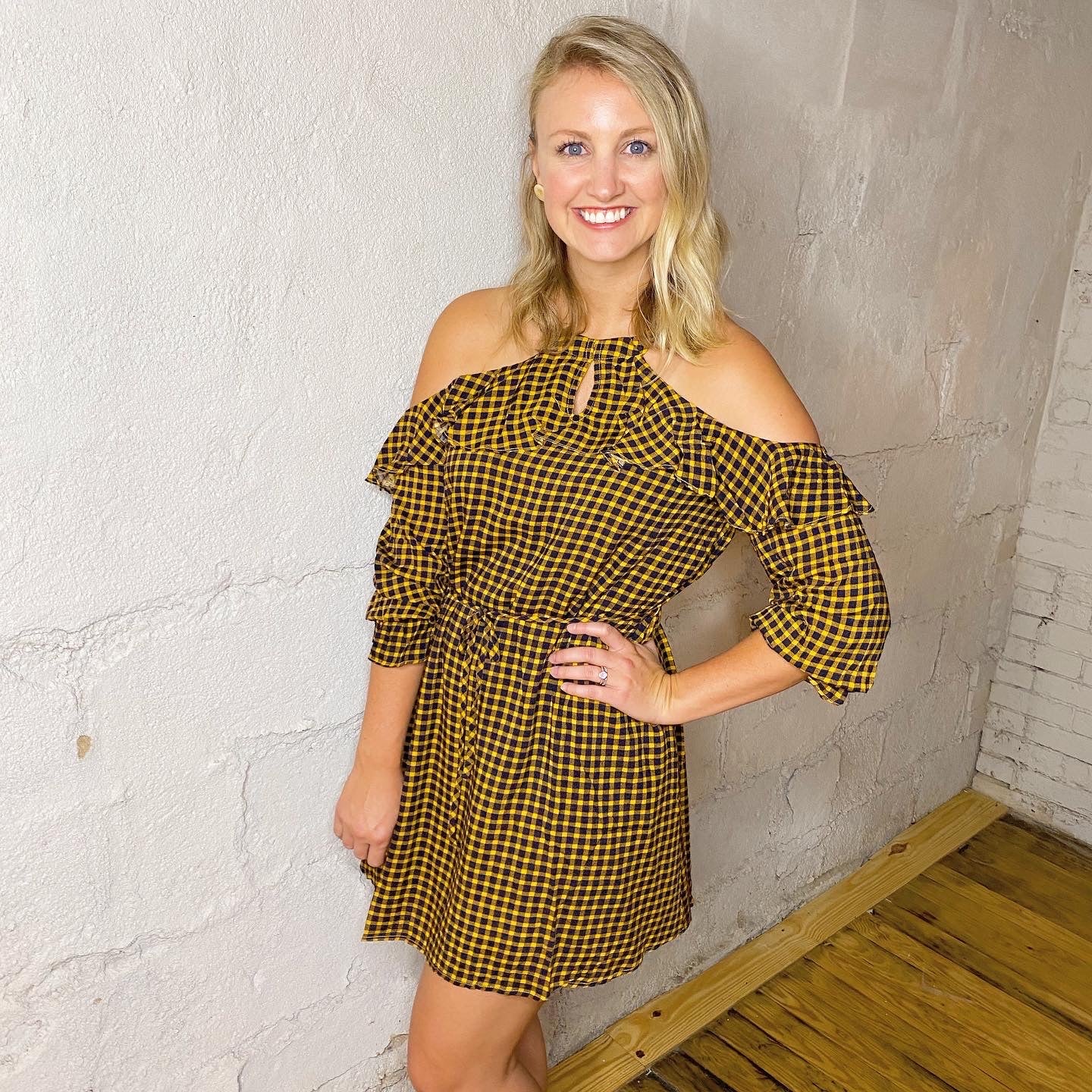 “Falling for Fall” Navy/Mustard Cold Shoulder Dress