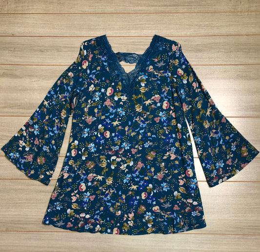 Teal Floral Bell Sleeve Dress