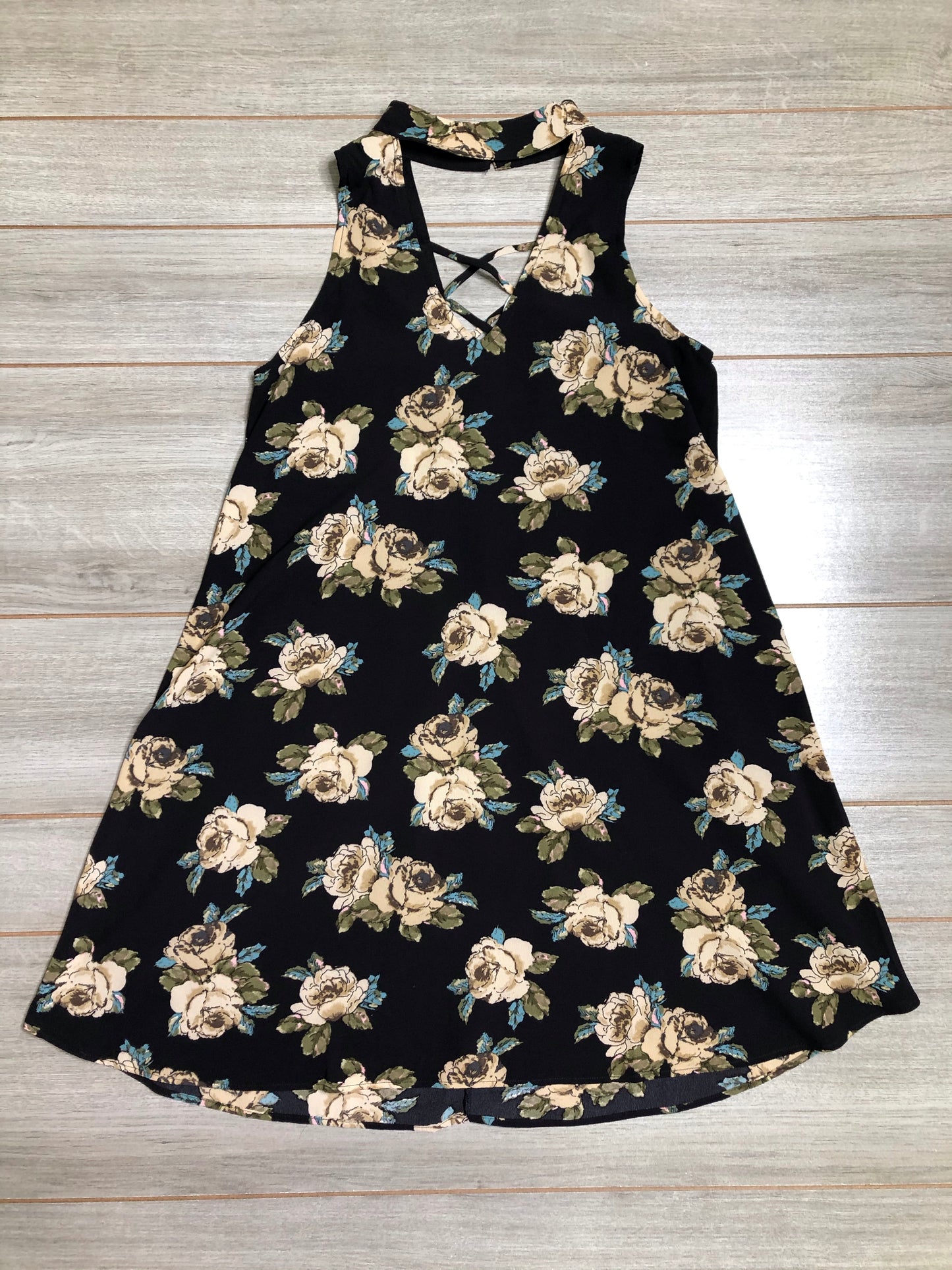 Black w/ Florals Dress- Cross Stitch Neckline