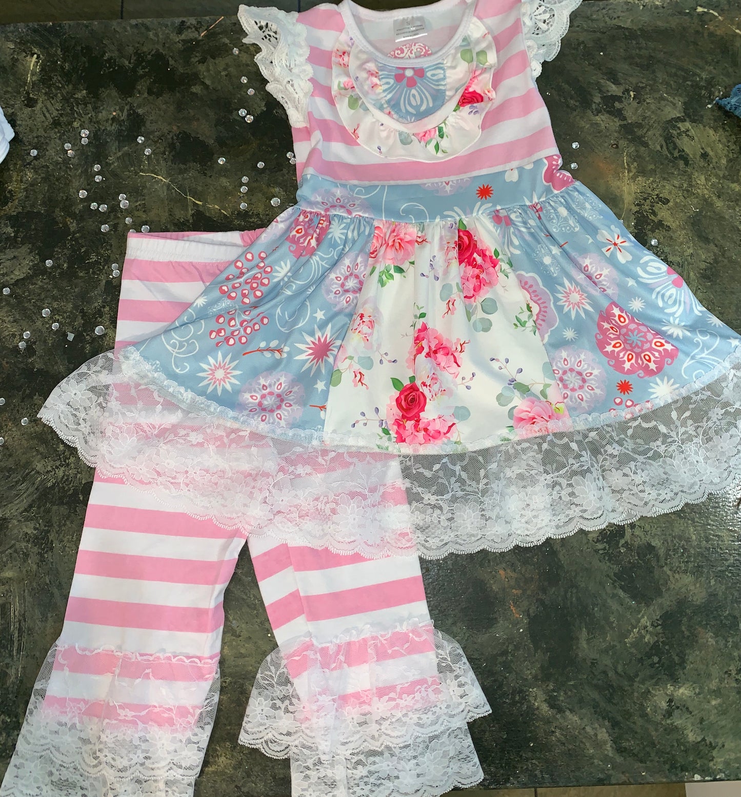 Two Piece Pink & Blue Flower Ruffle