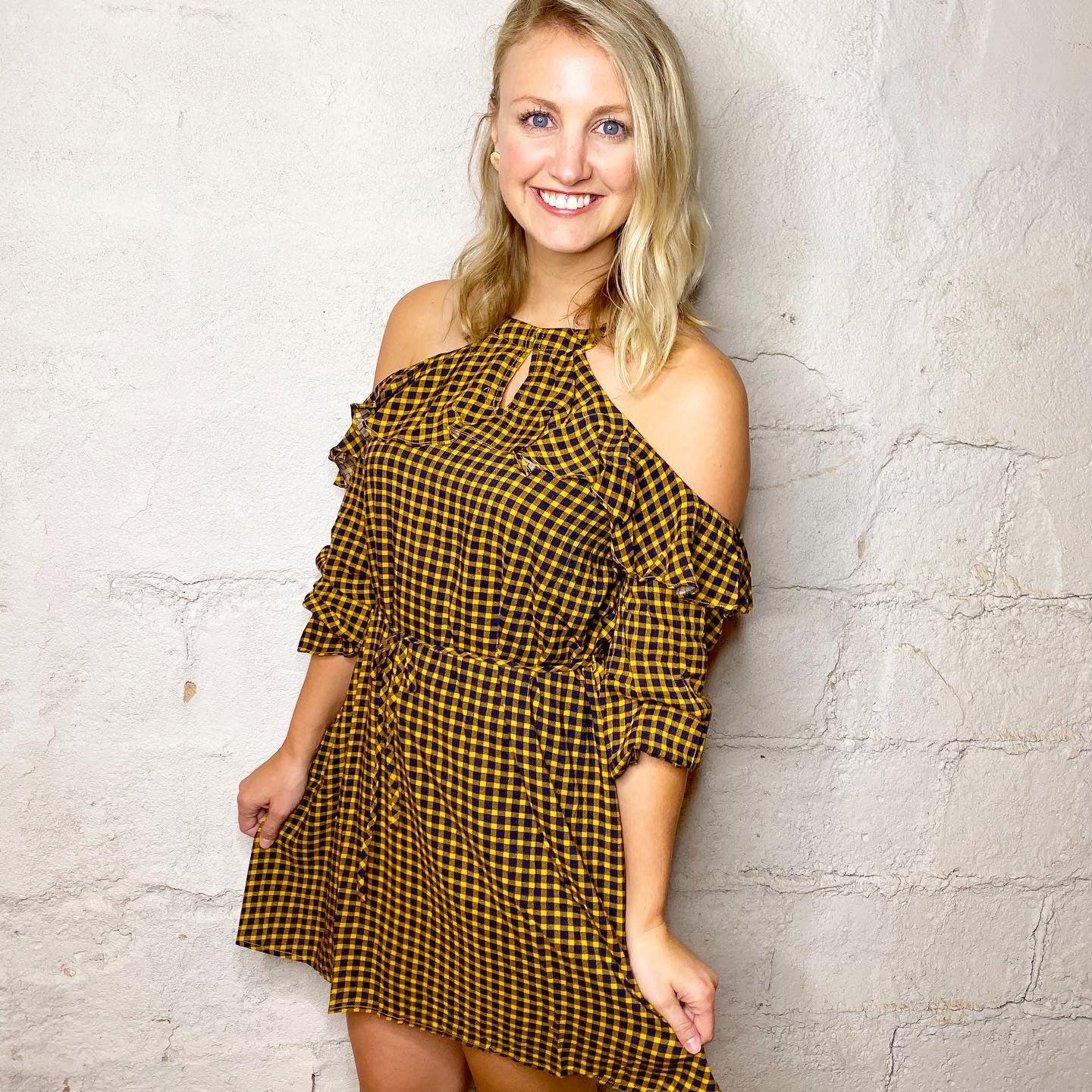 “Falling for Fall” Navy/Mustard Cold Shoulder Dress